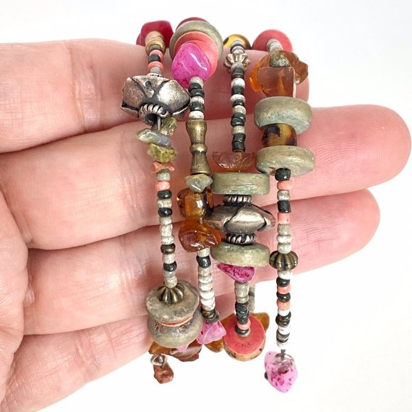 Boho Amber Gemstones Hill Tribe Silver Beads 4-Strand Memory Wire Bracelet 6.5” - Picture 2 of 4